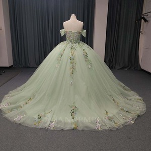ANY194 Modern <b>Mint</b> Green Lace Appliqued Flower Beading Crystal Natural Waistline Eco-Friendly Evening Party Women's Sweetheart - Product Image 3