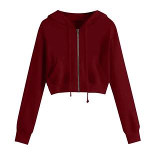 Automne recadrée sweats femmes décontracté solide à manches longues sweats à capuche fermeture éclair poche chemise sweat à capuche hauts - Product Image 5