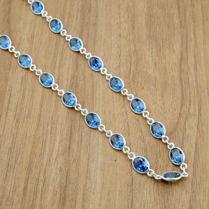 Collier de fiançailles ovale en quartz bleu, en argent sterling 925, fait main, serti de pierres précieuses, élégant bijou de mariage pour femme - Product Image 4