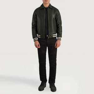 Walton Casual Green Leather Varsity <b>Jacket</b> with <b>Sheepskin</b> Cowhide Hoodie Collar Zippered ODM Supplied for Autumn Season XS Size - Product Image 4