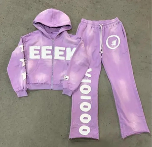 Pantalon de jogging en coton coupe ajustée ustom Sweats à capuche zippés et pantalons de survêtement évasés Ensemble 2 pièces Survêtements d'hiver imprimés Pantalons de survêtement empilés - Product Image 3