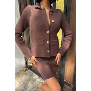 Women's Steel Knit <b>Sweater</b> <b>Skirts</b> Set with Shirt Collar and Pocket Detail 10215 - Product Image 2