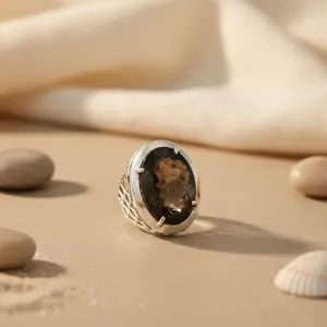 Bague bohème en quartz fumé et topaze plaquée rhodium faite à la main pour femmes - Certifiée GRS - Product Image 1