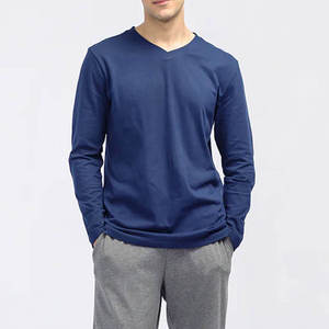Men's O-Neck Long Sleeve Solid Color Knitted <b>Polyester</b> <b>T</b>-<b>Shirt</b> Regular Fit Street Style Blue Wholesale Anti-Shrink 220g Blank - Product Image 1