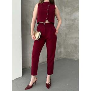 Conjunto de Dos Piezas Mybeefashion para Mujer, Chaleco y Pantalones Casuales Color Borgoña, Top Sin Mangas de Mezcla de Algodón y Pantalones Largos - Product Image 1
