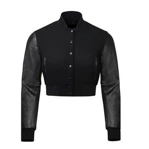 New Women's <b>Sheep</b> <b>Skin</b> Cropped Varsity <b>Jacket</b> with Breathable Leather Sleeves Casual Wear Letterman and Crop Top Varsity <b>Jacket</b> - Product Image 4