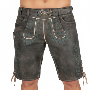 Authentic German <b>Men's</b> Goat Suede Leather Plaid Mid Breathable Button Fly <b>Brown</b> <b>Short</b> Lederhosen for Oktoberfest - Product Image 2