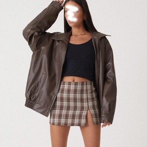 แจ็กเก็ตหนัง PU สำหรับผู้หญิง, เสื้อแจ็กเก็ตแขนยาวมีซิปทรงหลวมสีพื้นฤดูหนาวฤดูใบไม้ร่วง - Product Image 3