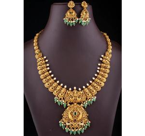 Juego de Collar y Pendientes de Latón Chapado en Oro de Primera Calidad, Estilo Templo, para Mujer, Ideal para Bodas, Fiestas y Festivales - Product Image 1