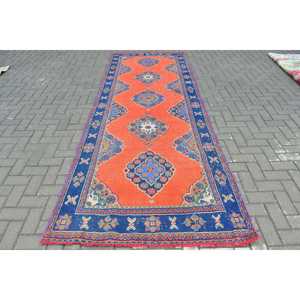 Tapis turc vintage, tapis de 4,3 x 11,3 pieds, tapis en laine patchwork orange et bleu - Product Image 1