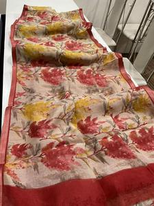 Lino Digital impreso tela suave sari rojo para Casual Regular Office Wear Foe mujeres más vendida exclusiva étnica blusa elegante - Product Image 2