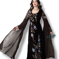 Abaya Caftan Longue en Chiffon et Velours, Modèle A-Line, Style Arabe, Modeste, Unie, avec Broderie Fantaisie, Paillettes et Cristaux, Longueur Ras du Sol
