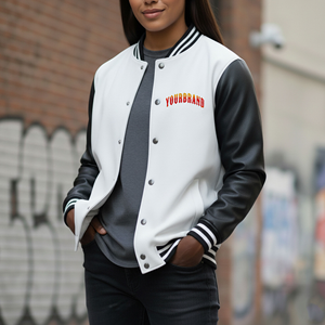 Women Sheep Skin Sleeve Varsity Jacket High Quality Finished Breathable Custom Flame Logo Detachable <b>Hat</b> Factory Direct OEM ODM - Product Image 1