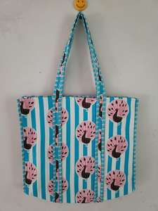Pink <b>Peacock</b> Ethnic Printed Quilted Cotton Tote <b>Bag</b> Long Handles for Daily Shopping Travel Retail Gifting Bulk Orders Exporter - Product Image 2