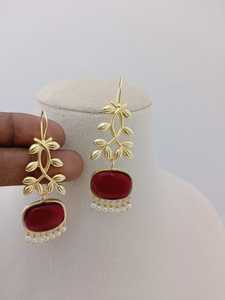 ต่างหูห้อยรูปใบไม้สีทองและสีโรสควอทซ์ออกแบบได้ตามต้องการชุดหินรูปวงรีทำจากทองเหลืองต่างหูแฟชั่นแบบห้อย - Product Image 2