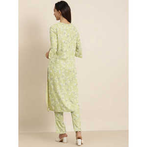 ชุดเสื้อกางเกงทรงตรงพร้อมกางเกงผ้าเรยอนพิมพ์ลายดอกไม้สีเขียวสำหรับผู้หญิง - Product Image 5