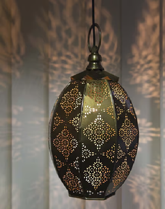 Lámpara colgante marroquí de metal bronce ovalado, diseño de recorte geométrico intrincado que funde hermosas sombras en forma de diamante - Product Image 1