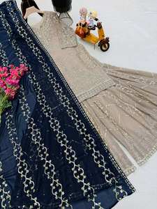 Dernier modèle de costume palazzo indien pakistanais de créateur, avec broderie lourde au fil, en fausse soie Georgette confortable, et dupatta, idéal pour les fêtes - Product Image 5