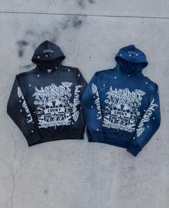 เสื้อฮู้ด400Gsm สไตล์วินเทจสำหรับผู้ชายทรงบ็อกซี่ทรงโอเวอร์ไซส์มีซิปรูดซิปทรงไรน์สโตนคริสตัลแบบกำหนดเอง - Product Image 3