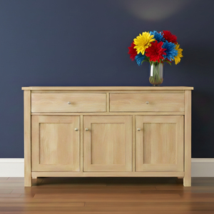 Buffet en teck massif de qualité export, moderne, 2 tiroirs, 3 étagères, écologique, durable, pour salon, appartement, hôtel - Product Image 1