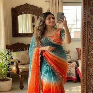 Sari de satén Fandy para mujer con bordado pesado de lentejuelas y trabajo de hilo Zari multicolor, con un hermoso borde festoneado. - Product Image 1