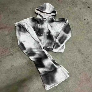 Premium Quality Winter Wear Sun Faded Flare Sweatpants Acid Washed Hoodie Blank Acid Wash Tracksuit Set - Product Image 4
