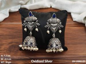 Cổ jhumka thiết kế oxy hóa bạc đánh bóng ưa thích phong cách nhóm ngọc trai Đảng mặc đồ trang sức phụ kiện oxy hóa Bông tai phụ nữ - Product Image 2