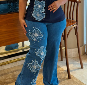 <strong>Plus</strong> <strong>Size</strong> Women's High Waist Wide-Leg Jeans Eco-friendly Exquisite Floral Embroidery Beadwork Stylish <strong>Denim</strong> Casual Daily Wear - Product Image 1