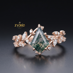 Anillo de Compromiso de Lujo con Ágata Musgosa Corte Cometa, Oro Sólido de 18K, Diseño Floral de Enredadera, Joyería Fina Inspirada en la Naturaleza - Product Image 6