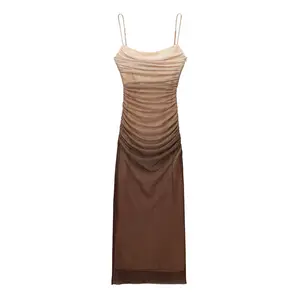 ZA-Brown color pleated spaghetti strap casual summer women midi slip dress