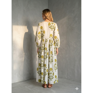 Robe longue en coton à motifs floraux inspirée du style artisanal - Élégante robe d'été respirante vert sauge et moutarde, longueur genou, pour les sorties décontractées ODM - Product Image 2