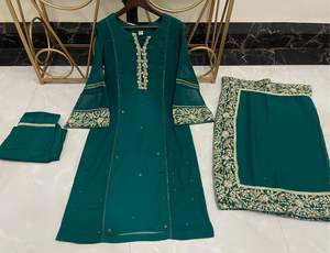 Nuevo escote hermoso hecho a mano de gasa pura con hermosas mangas y hermosos Bordes de 4 lados Dupatta en colores increíbles - Product Image 5