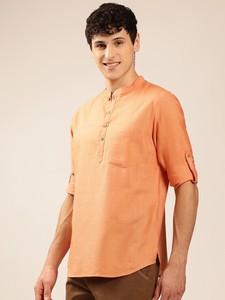 Hommes rayures tissées design zari pathani couleur orange solide col mandarin court kurta polyester viscose manches longues pour hommes - Product Image 2