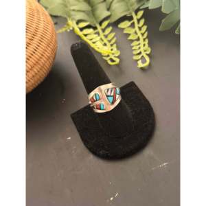 Navajo Handmade Multi-Stone Gemstone Ring with Invisible Sterling Silver Inlay Cut Diamond Shape Size 9.25 for Gift - Product Image 4