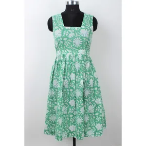 Lowest Prices Mint Green and White Indian Hand Block Printed Pure Cotton Cloth Dress Women's Clothing Lightweight Summer Dress