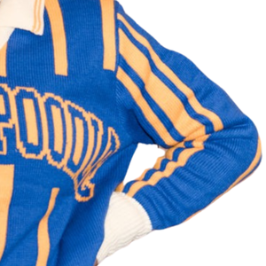 Suéter Polo Sigma Gamma Rho SGRho para Mujer, Azul Dorado, con Letras Griegas Tejidas, Manga Larga, Corte Clásico, Cómodo, Ropa Griega - Product Image 5