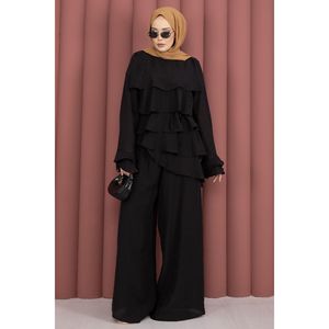 Conjunto de Dos Piezas Negro para Mujer, Túnica de Crepé Floral con Pantalones, Capas con Volantes, Largo Corto, Decoración con Logotipo, Trajes Formales de Verano, Talla XS - Product Image 3