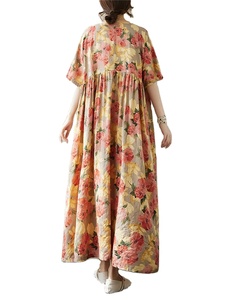 2025 nuevos vestidos de manga corta Vintage de algodón de verano para mujeres Casual suelto largo vestido verde ropa - Product Image 5