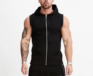 High quality gym fitness Custom Logo Printing 2024 Street wear Blank Pull Over Zipper Up Sleeveless Gym Hoodies For Men