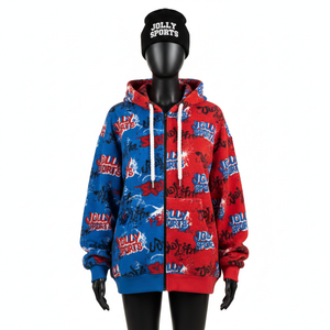 <b>Women</b> Zipper <b>Hoodie</b> Premium Brushed Fleece Fabric GSM <b>Red</b> Blue Color Block Panels Custom Sublimation Logo Basics Zipper <b>Hoodie</b> - Product Image 1