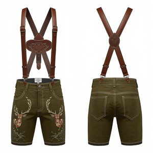Pantalones Cortos Bávaros de Gamuza Verde Oliva Personalizados, Pantalones Cortos Tradicionales de Cuero Bordado para Festivales, Fabricante OEM - Product Image 1