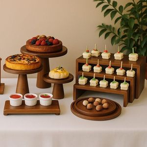 Luxury 1 Piece Handmade Nested Acacia Wood Round Cake Stand Set Dessert Pedestal Buffet Food Riser Party Serving <b>Tray</b> - Product Image 5
