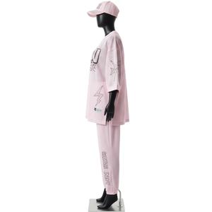 Conjunto de 2 piezas para mujer, tejido de malla ligero premium, 170 GSM, color rosa pastel, paneles con ribetes en el cuello y puños, logotipo personalizado con termoadhesivo. Conjuntos para mujer. - Product Image 3