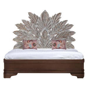 Hand Carved Half Moon Grey Wash King Bed Headboard Big Palm <b>Leaf</b> <b>Wall</b> Decor Boho Bed Headboard Home Decor Bed Head Furniture - Product Image 2