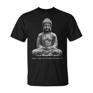 T-shirt con statua di Buddha sorridente Let Karma Handle IT per un look meditativo e ispiratore - Product Image 2