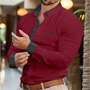 Autumn Patchwork Stripe Design <b>Men's</b> 100% Cotton <b>Cardigan</b> High Quality <b>Long</b> Sleeve Breast Pocket Shirt for Business Breathable - Product Image 3
