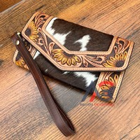 2025 modis desain bunga matahari tangan eter kulit mewah kartu tempat uang kulit sapi asli wanita dompet Gelang