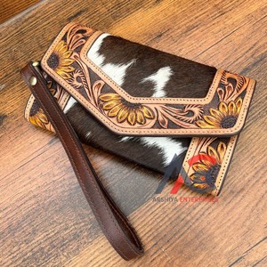 Cartera de mano de cuero de lujo con diseño de girasoles a la moda 2025, tarjetero de cuero de vaca genuino para mujer - Product Image 1