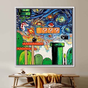 Printed Canvas: Mario World Van Gogh Abstract Artwork Wall Decor,White <b>Framed</b> - Product Image 1
