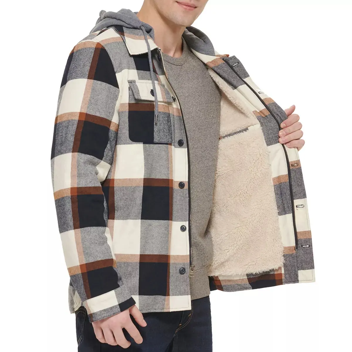 New Design Light Weight High Quality Men Flannel hoodie Jacket drawstring For Men with Sherpa Lining Zipper and Button closer